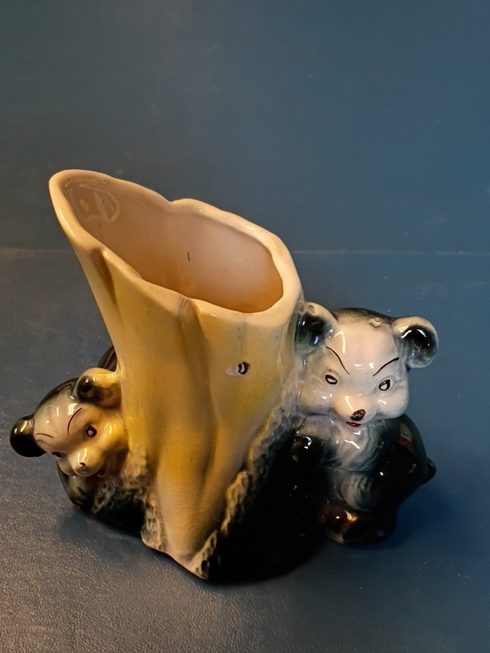 Vintage Ceramic Bear Vase Planter in Cream and Black